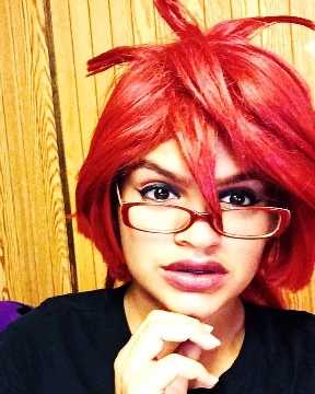 Mya in 2016, showing off Grell Sutcliff from Black Butler in sporty, smart glasses